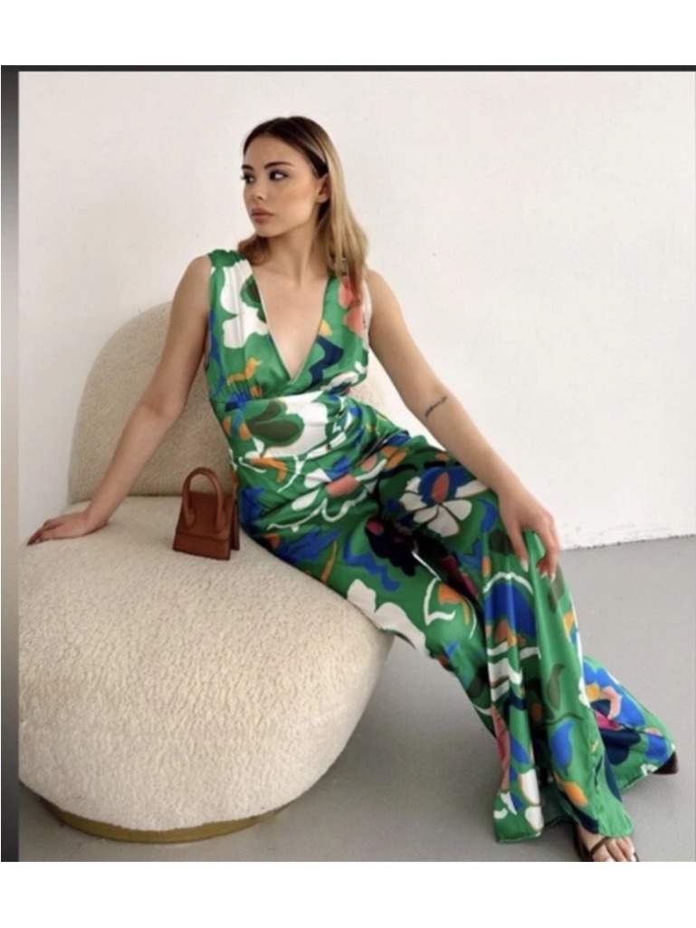 Zara Printed Jumpsuit With Knotted Straps Size Xs Nwt